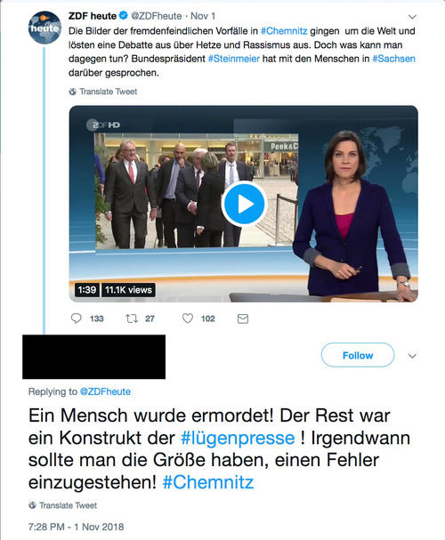A tweet by the ZDF Heute Journal about the riots in Chemnitz is (re)interpreted by a reply by a user who draws from his involvement in a certain discourse, rhetoric and narratives of the right-wing populists.